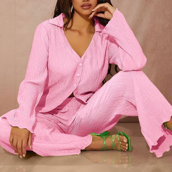 Pants - Pink Casual Women's Button Front Lettuce Trim Shirt & Wide Leg Pants Set